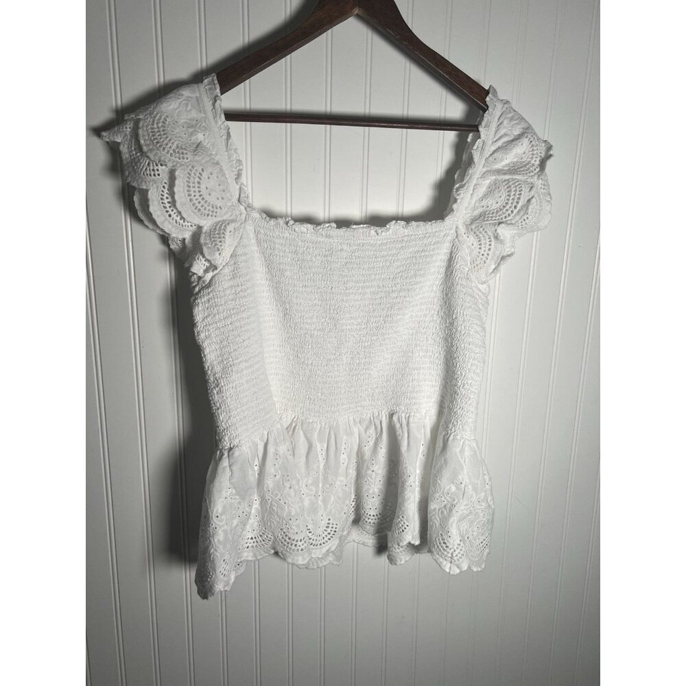 Women's White Eyelet Smocked Peplum Top